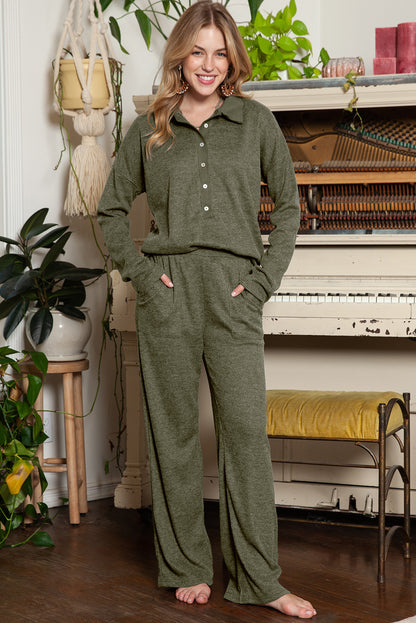 Brown Ribbed Henley Shirt and Wide Leg Pants Loungewear Set