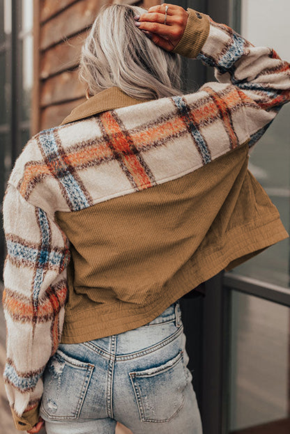 Green Plaid Corduroy Flap Pockets Boxy Chunky Jacket