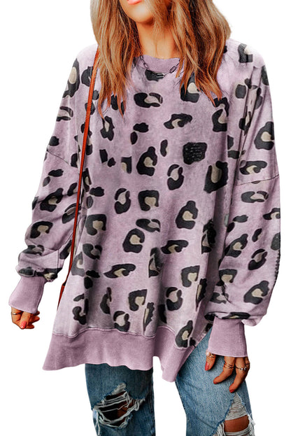 Leopard Print Drop Shoulder Slit Oversized Sweatshirt