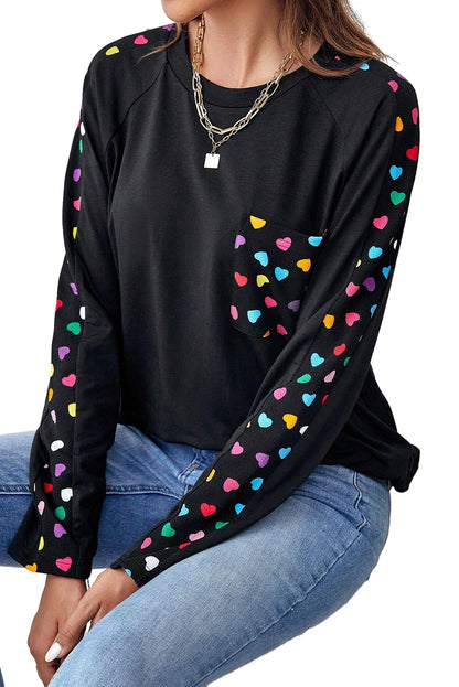 Black Colorful Heart Print Raglan Sleeve Patched Pocket Top