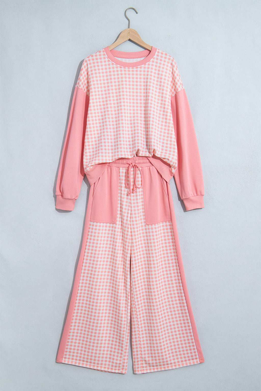 Khaki Color Block Plaid Patchwork Long Sleeve Pullover Wide Leg Pant Set