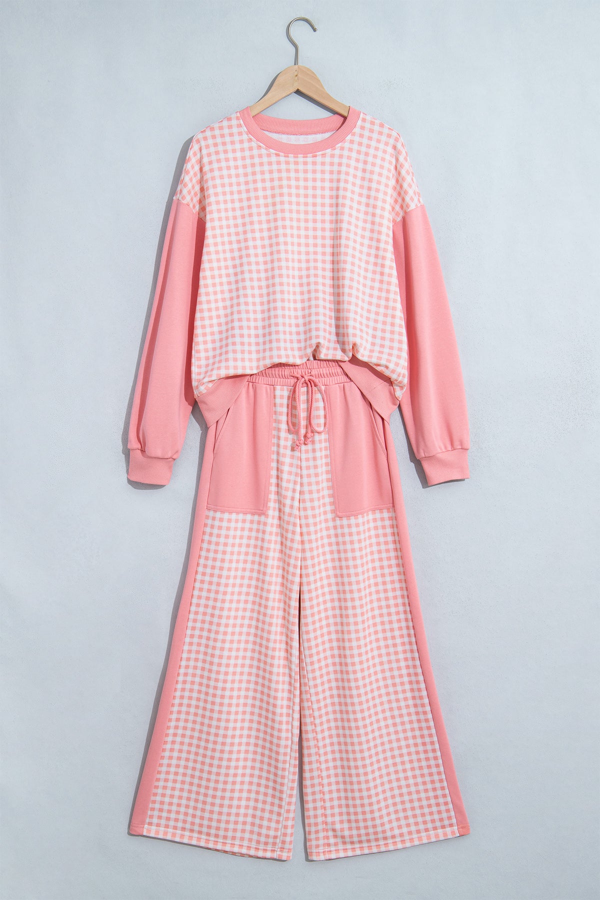 Khaki Color Block Plaid Patchwork Long Sleeve Pullover Wide Leg Pant Set