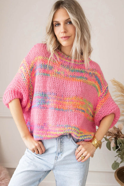 Colorful Stripes 3/4 Sleeve Loose Sweater