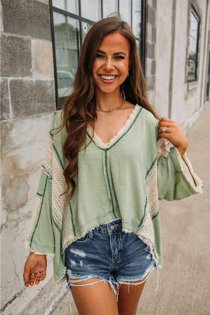 Grass Green Crochet Patchwork Exposed Seam High Low Loose Top