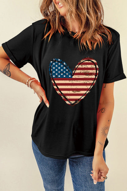 Black American Flag Heart Shape Graphic Round Neck Tee