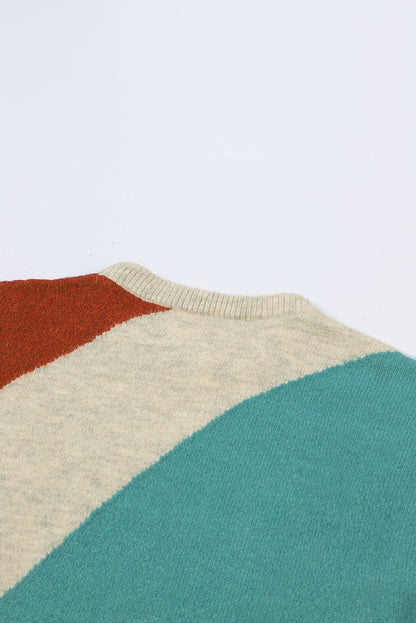 Multicolor Colorblock Ribbed Trim Round Neck Sweater