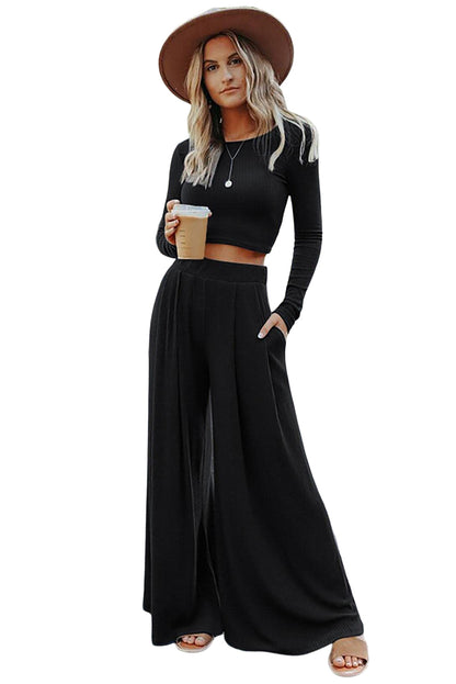 Pink Plain Ribbed Crop Top & Wide Leg Pants Two Piece Pants Set