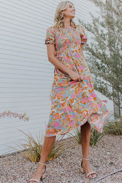 Boho Wide Sleeve Smocked Waist Floral Dress