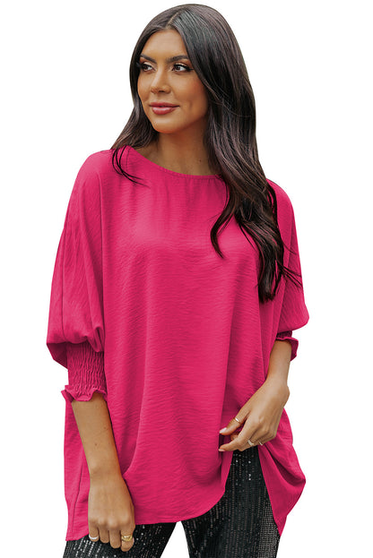 Rosy Solid Casual Smocked Cuffs Top