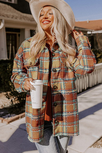 Dark Red Plaid Oversized Flap Pockets Shacket with Slits