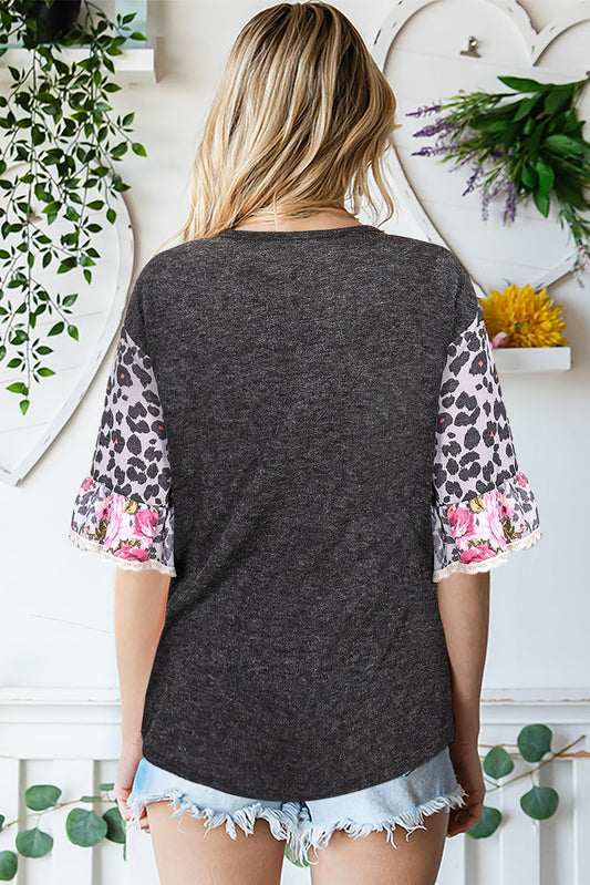 Black Ruffle Leopard Patchwork Sleeves Casual Summer Top