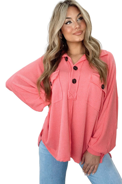 Pink Solid Color Ribbed Collared Henley Long Sleeve Top