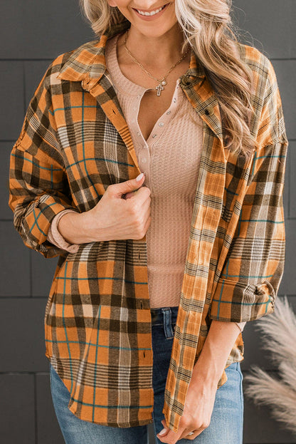 Pink Drop Shoulder Rounded Hem Plaid Pattern Shirt