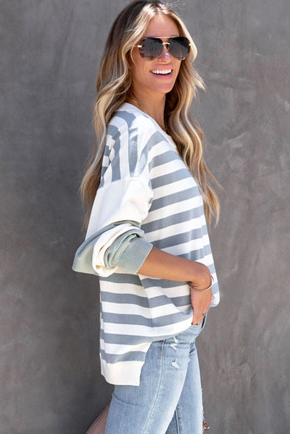 Blue Striped Casual Drop Shoulder Pullover Sweatshirt