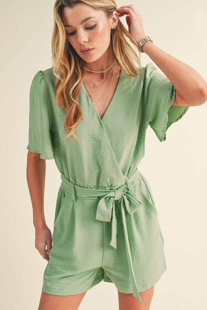 Grass Green Solid Color V Neck Wrap Waist Tie Romper