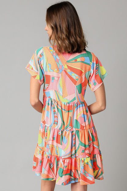 Multicolor Geometric Abstract Print Long Sleeve Shirt Dress