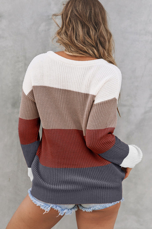 Red Color Block Casual Knit Pullover Sweater