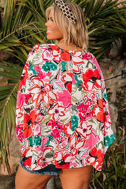 Plus Size Floral Print Boho Kimono Sleeve Shirt