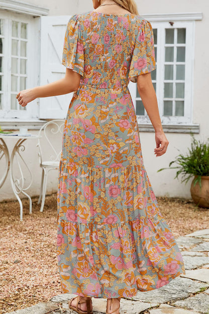 Boho Wide Sleeve Smocked Waist Floral Dress