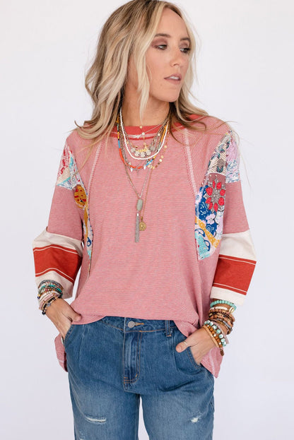 Sky Blue Striped and Floral Patchwork Oversized Top