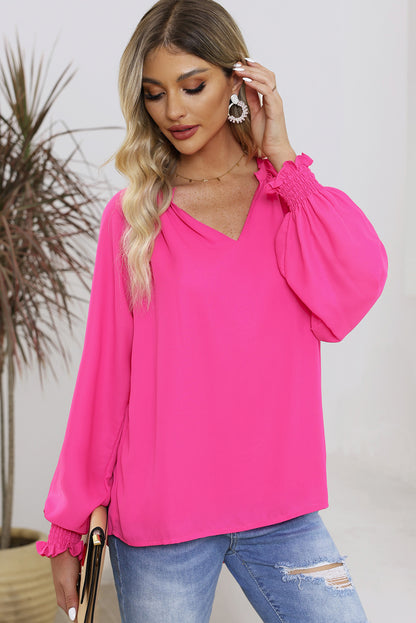 Rose Pleated V Neck Puffy Sleeve Blouse