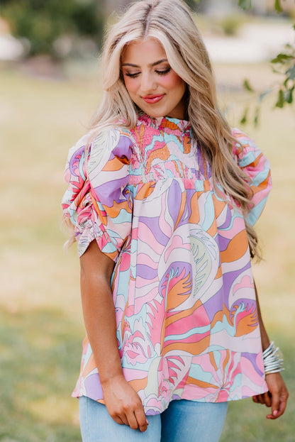 Pink Abstract Print Smocked Bubble Sleeve Blouse