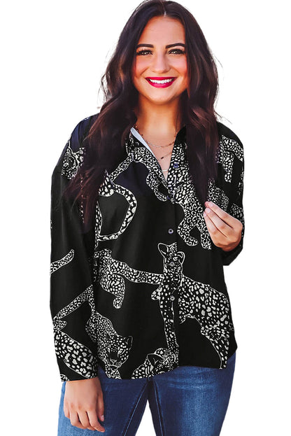 Black Cheetah Print Long Sleeve Satin Shirt