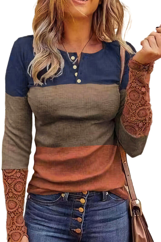 Color Block Ribbed Lace Crochet Sleeves Henley Shirt for Women