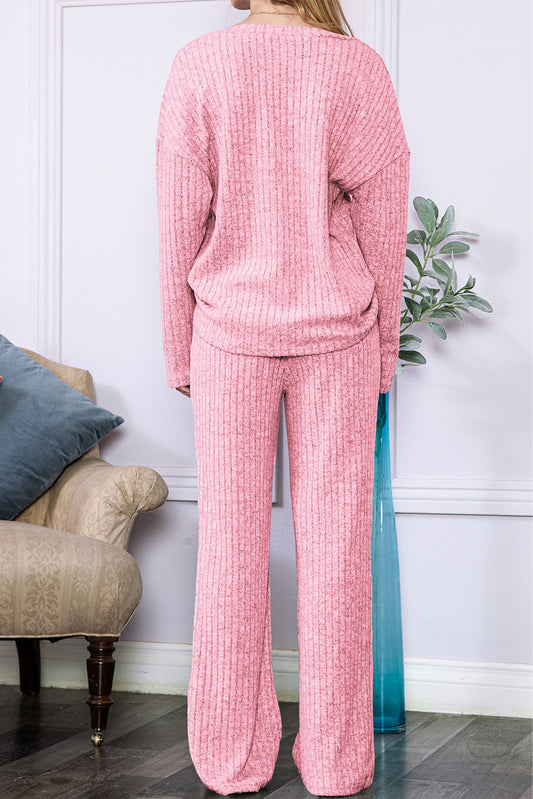 Light Pink Slouchy Ribbed Knit V Neck Top & Pants Loungewear Set