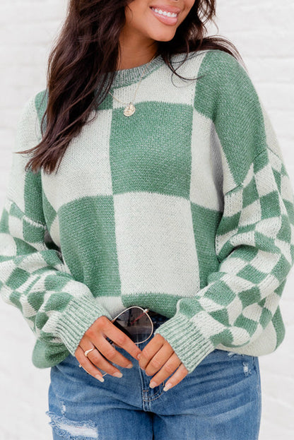 Mint Green Plaid Knitted Drop Shoulder Sweater