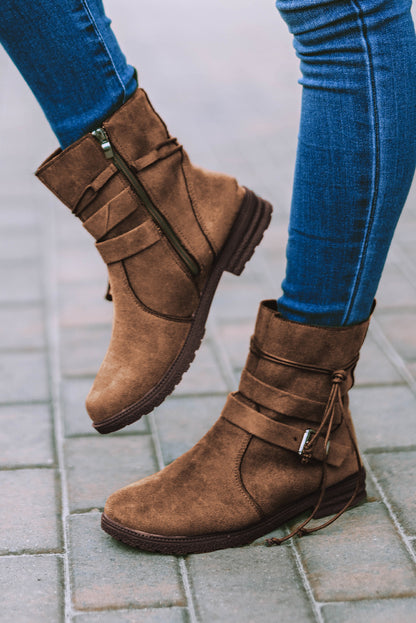 Black Faux Suede Zip Up Buckle Straps Ankle Boots