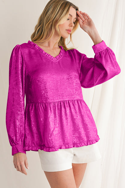 Gold Metallic Velvet Frill V Neck Puff Sleeve Babydoll Blouse