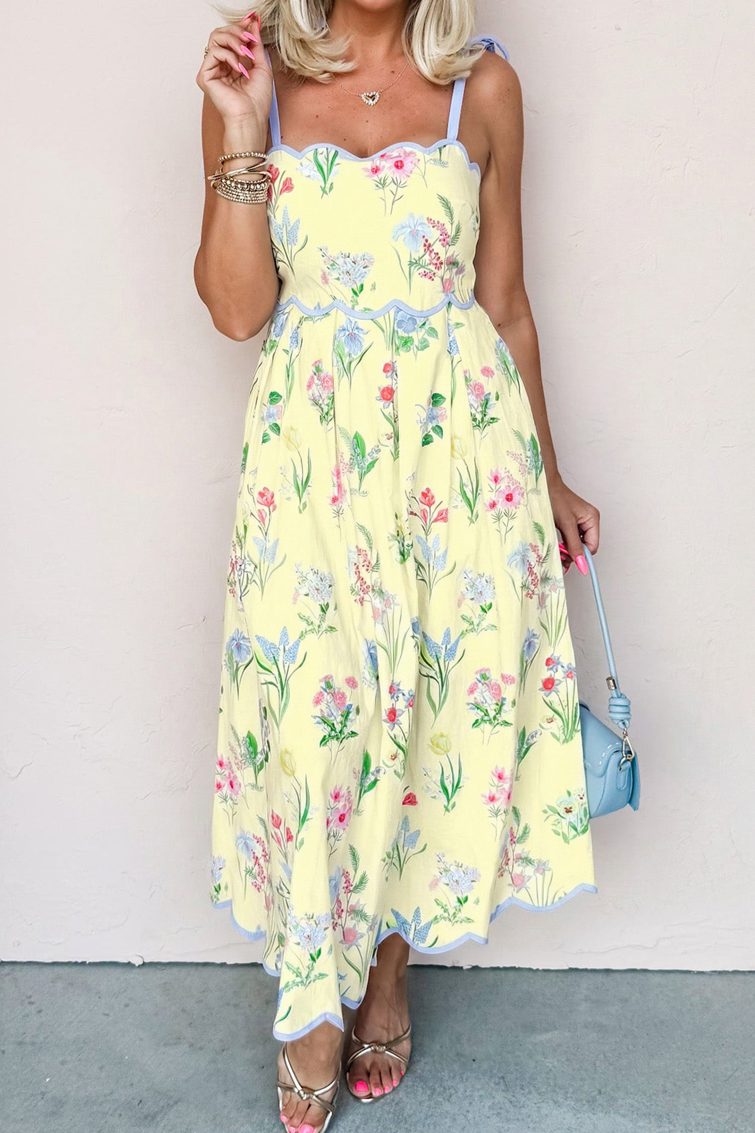 Yellow Floral Print Contrast Trim Self-tie Straps High Waist Midi Dress