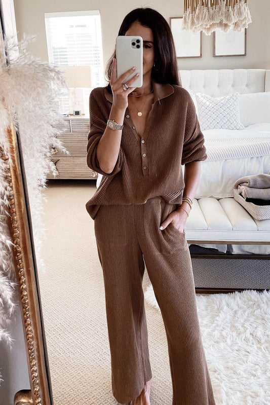 Brown Ribbed Henley Shirt and Wide Leg Pants Loungewear Set