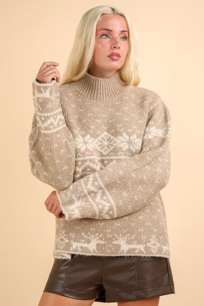 VERY J Christmas Element Mock Neck Long Sleeve Sweater