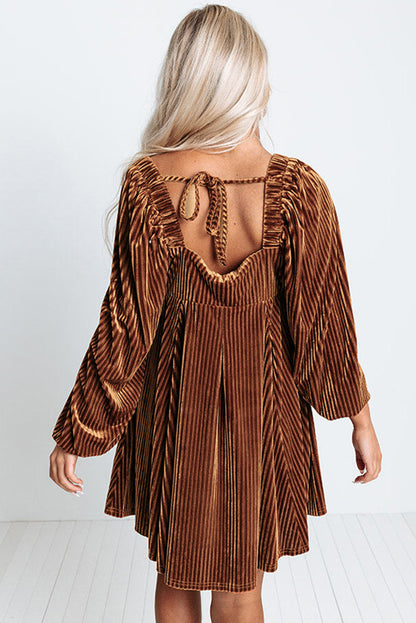 Brown Square Neck Tie Back Ribbed Velvet Babydoll Dress