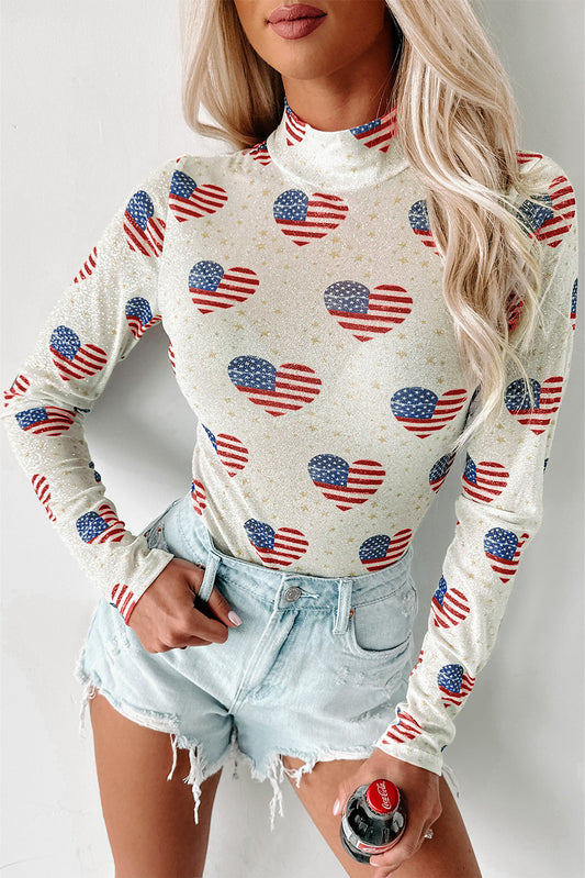 White Heart USA Flag Print Glitter Mesh Bodysuit