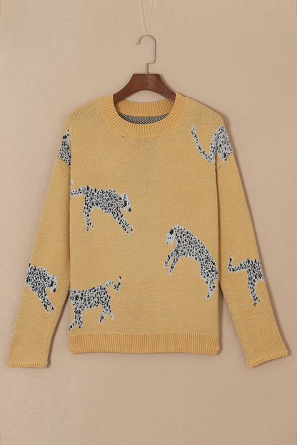 Camel Color Animal Print Drop Shoulder Knit Sweater