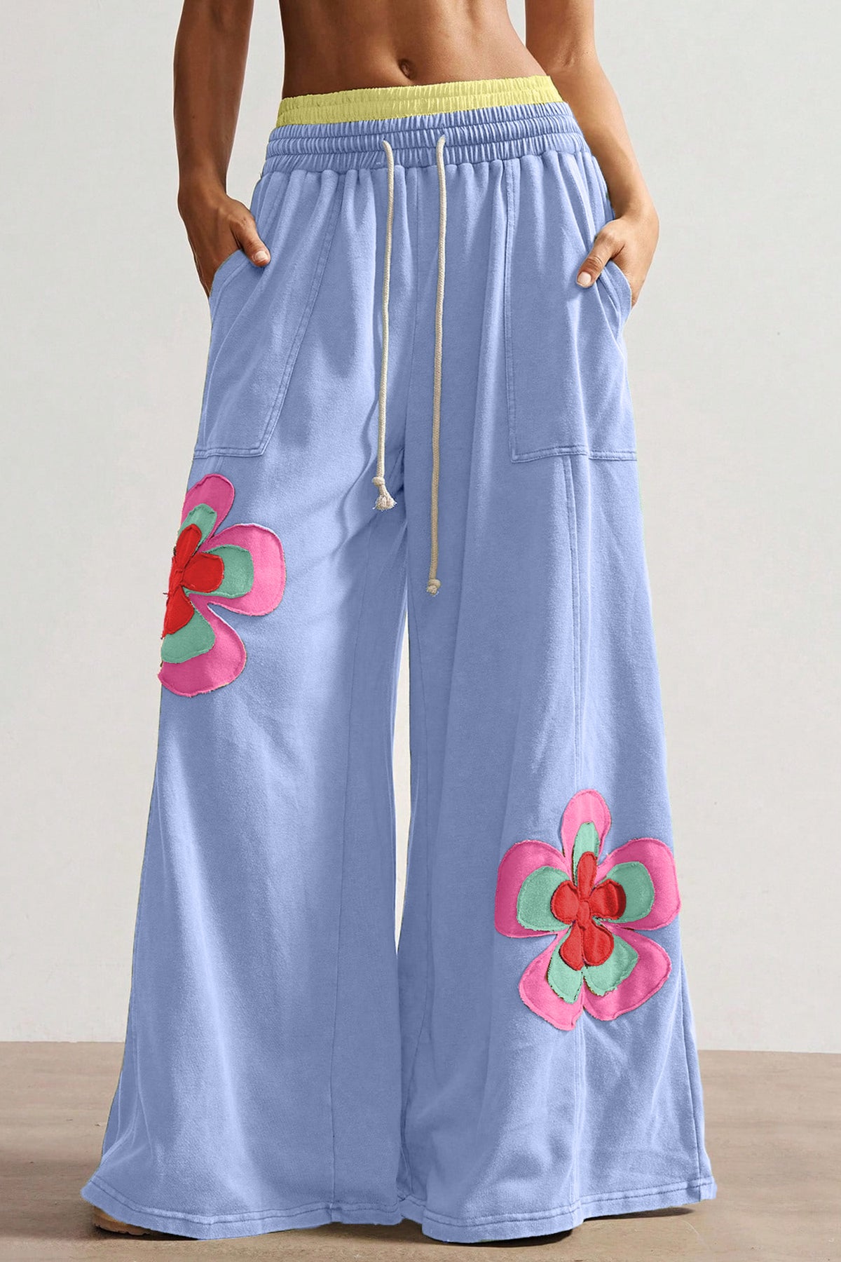 Grapefruit Orange Color Block Flower Patchwork Drawstring Contrasted Elastic Waist Wide Leg Pants