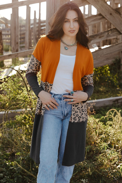 Orange Leopard Print Colorblock Patchwork Knit Cardigan