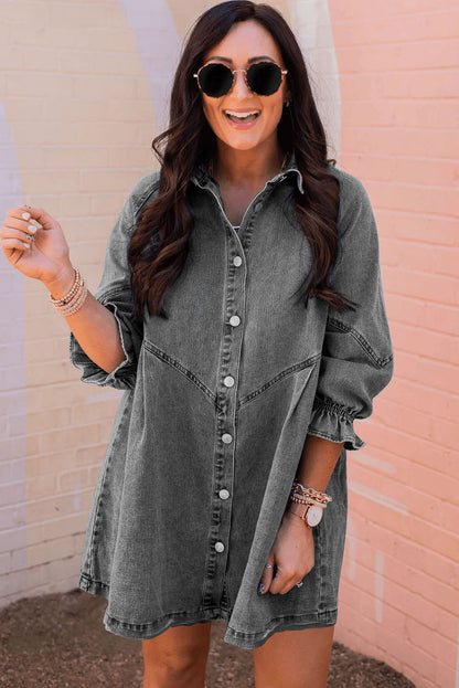 Gray Casual Buttoned Ruffle Cuffs Denim Short Dress