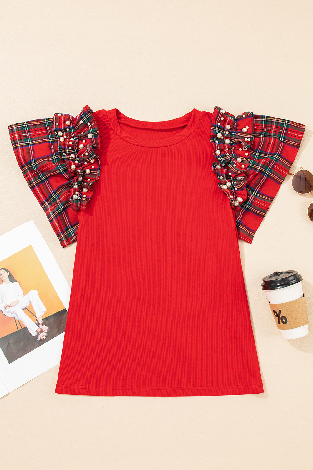 Racing Red Pearl Plaid Ruffle Sleeve Loose T Shirt