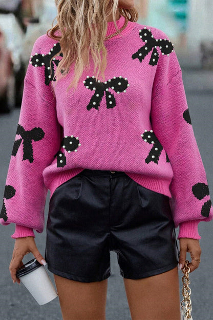 Bright Pink Pearl Embellished Bow Pattern Loose Sweater