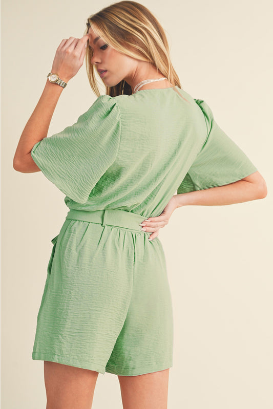 Grass Green Solid Color V Neck Wrap Waist Tie Romper