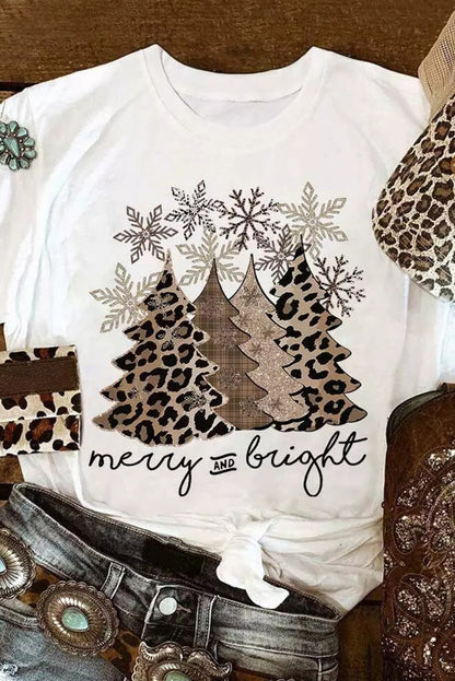 Black Leopard Christmas Tree Heat Transfer Printing Crew Neck Graphic T Shirt