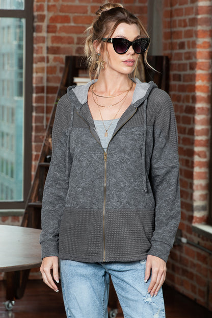 Grey Dark Wash Zip Up Jean Jacket with Hoodie