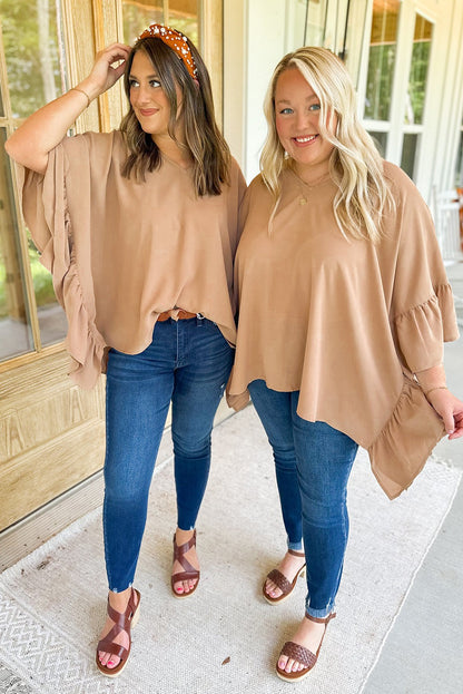 Smoke Gray Plus Size Ruffled Batwing Sleeve V Neck Blouse