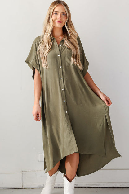 Jungle Green Loose High Low Side Slits Short Sleeve Shirt Dress