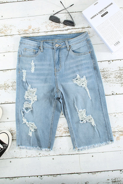 Light Blue Distressed Ripped Denim Bermuda Shorts