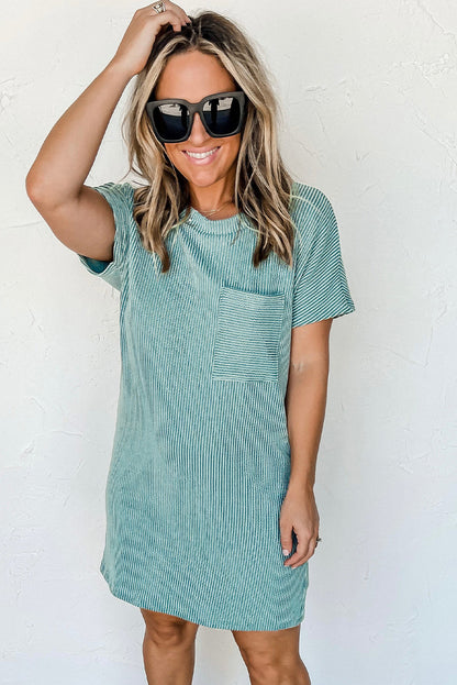 Womens Textured Short Sleeve Shift T Shirt Dress with Chest Pocket